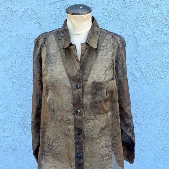 Chicos Blouse Olive green Size M/L bamboo print lagenlook semi sheer - Picture 9 of 10